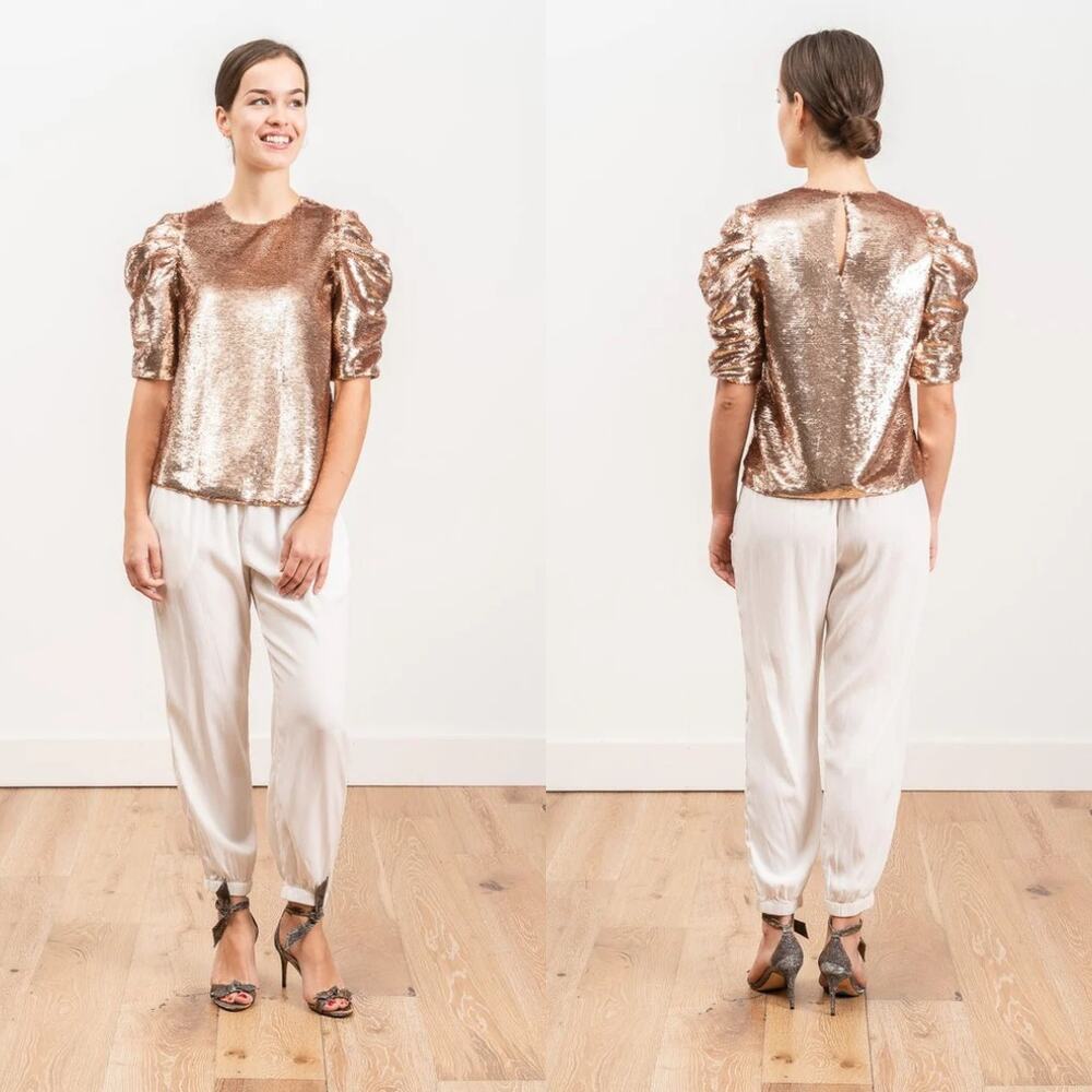 Ulla Johnson Rae Sequin Blouse Size 2 Rose Gold Puff Sleeve Party Top Metallic